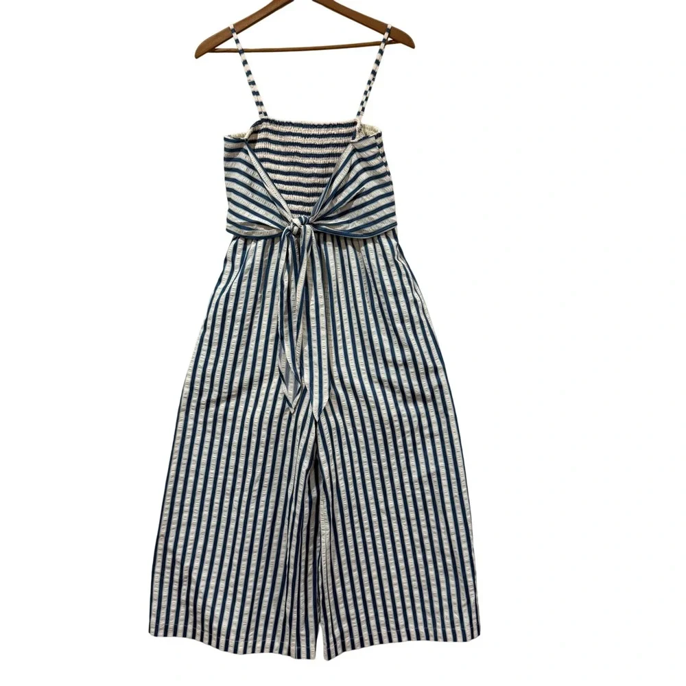 Doe and Rae Navy White Striped Smocked Wide Leg Jumpsuit Small Front Tie Cropped - Picture 1 of 4